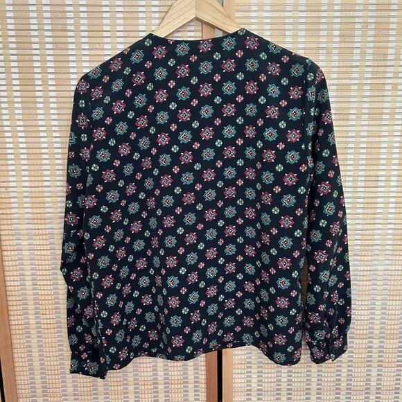 Vintage Navy Floral Button-Up Long Sleeve Blouse - Picture 5 of 9